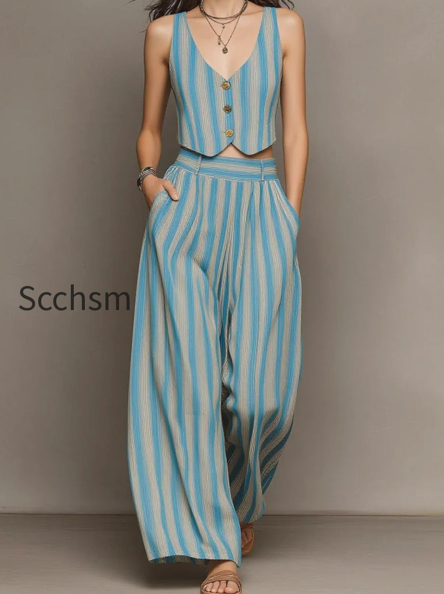 blue-and-white-striped-v-neck-cropped-vest-wide-leg-pants-set