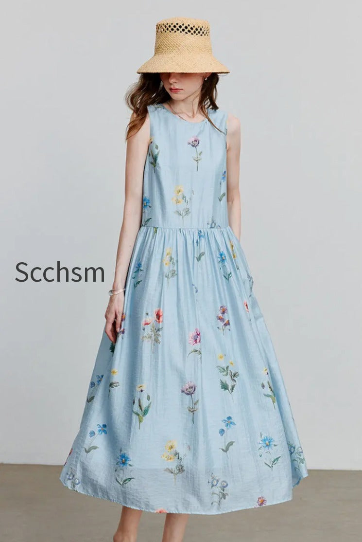 blue-floral-linen-sleeveless-fit-flare-midi-dress
