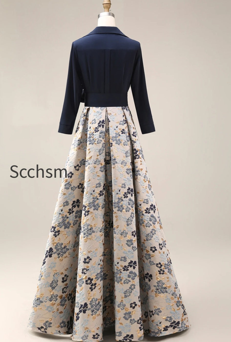 navy-floral-jacquard-a-line-3-4-sleeves-long-mother-of-the-bride-dress-with-bow