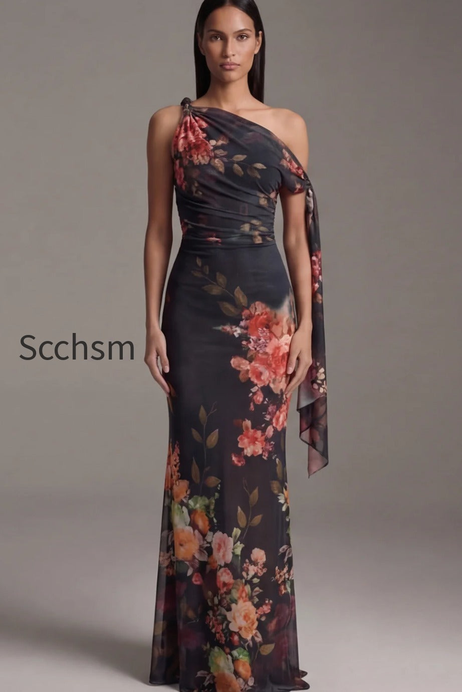 floral-ruched-maxi-black-mermaid-beach-wedding-guest-dress