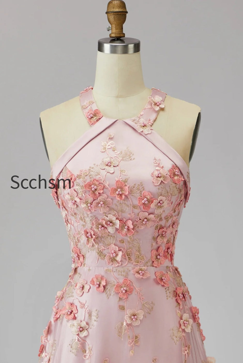 halter-pink-orange-floral-a-line-maxi-wedding-guest-dress-with-pearls