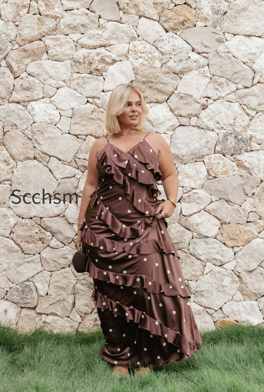 ciao-ruffles-maxi-satin-dress-brown-polka-dot