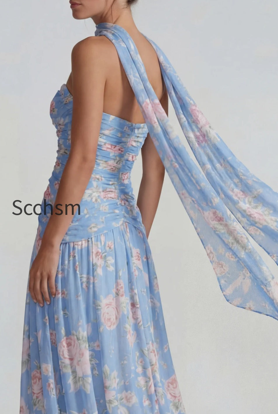 flower-blue-pink-neck-scarf-a-line-long-wedding-guest-dress