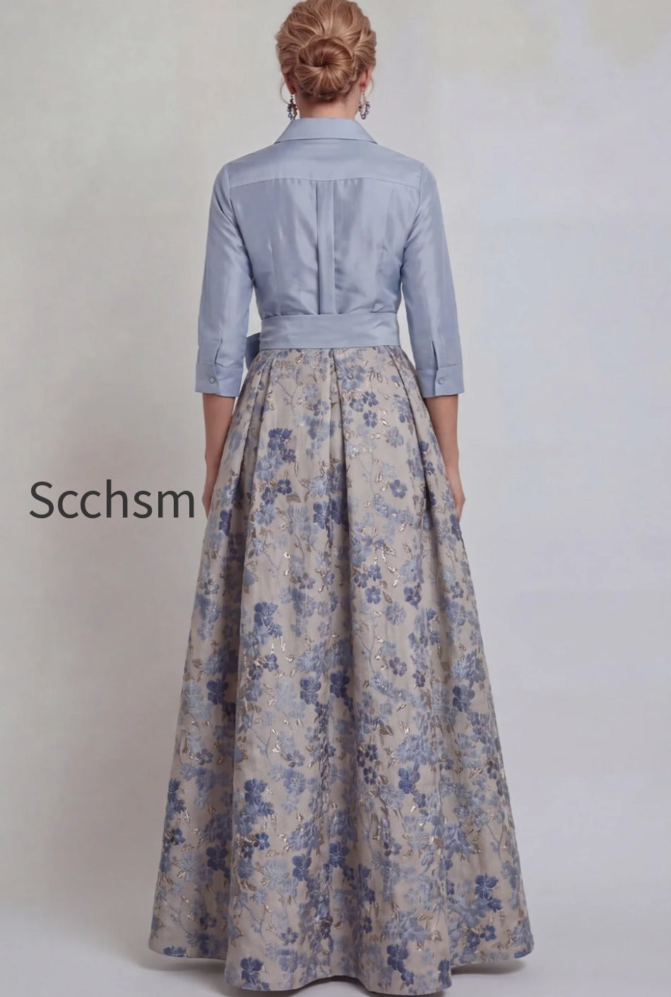 navy-floral-jacquard-a-line-3-4-sleeves-long-mother-of-the-bride-dress-with-bow