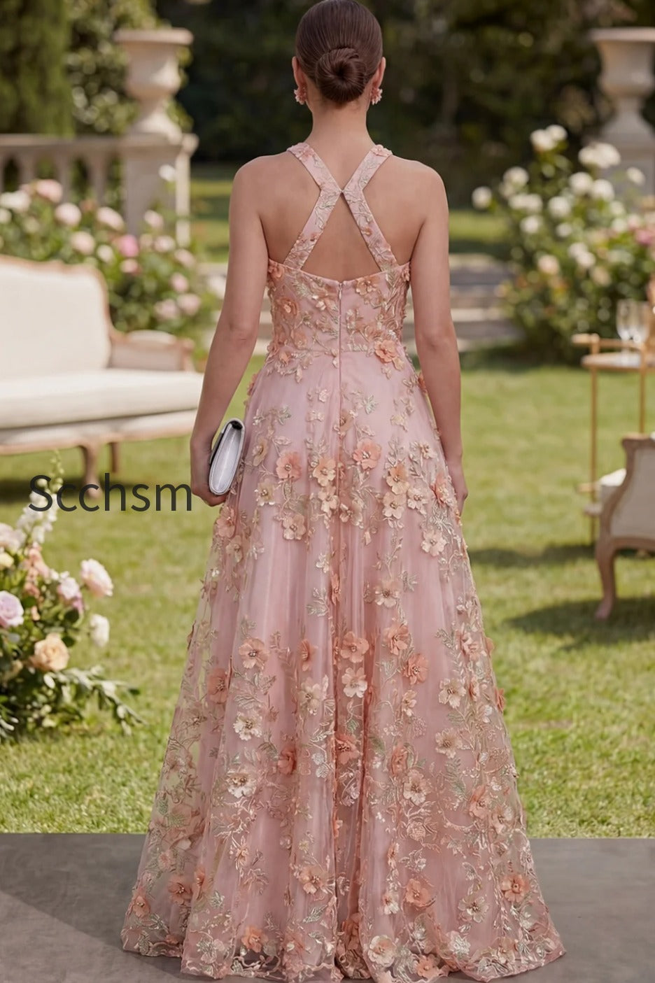 halter-pink-orange-floral-a-line-maxi-wedding-guest-dress-with-pearls