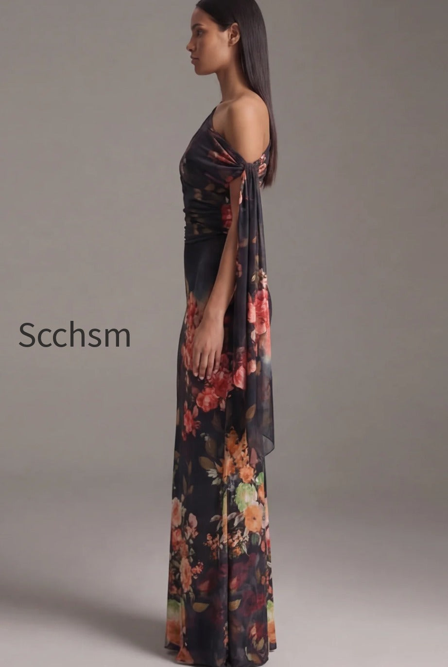 floral-ruched-maxi-black-mermaid-beach-wedding-guest-dress