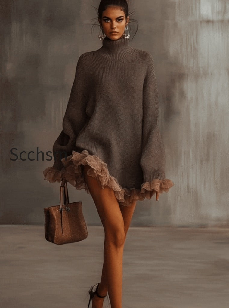 brown-ruffled-hem-turtleneck-sweater-dress-hlgl