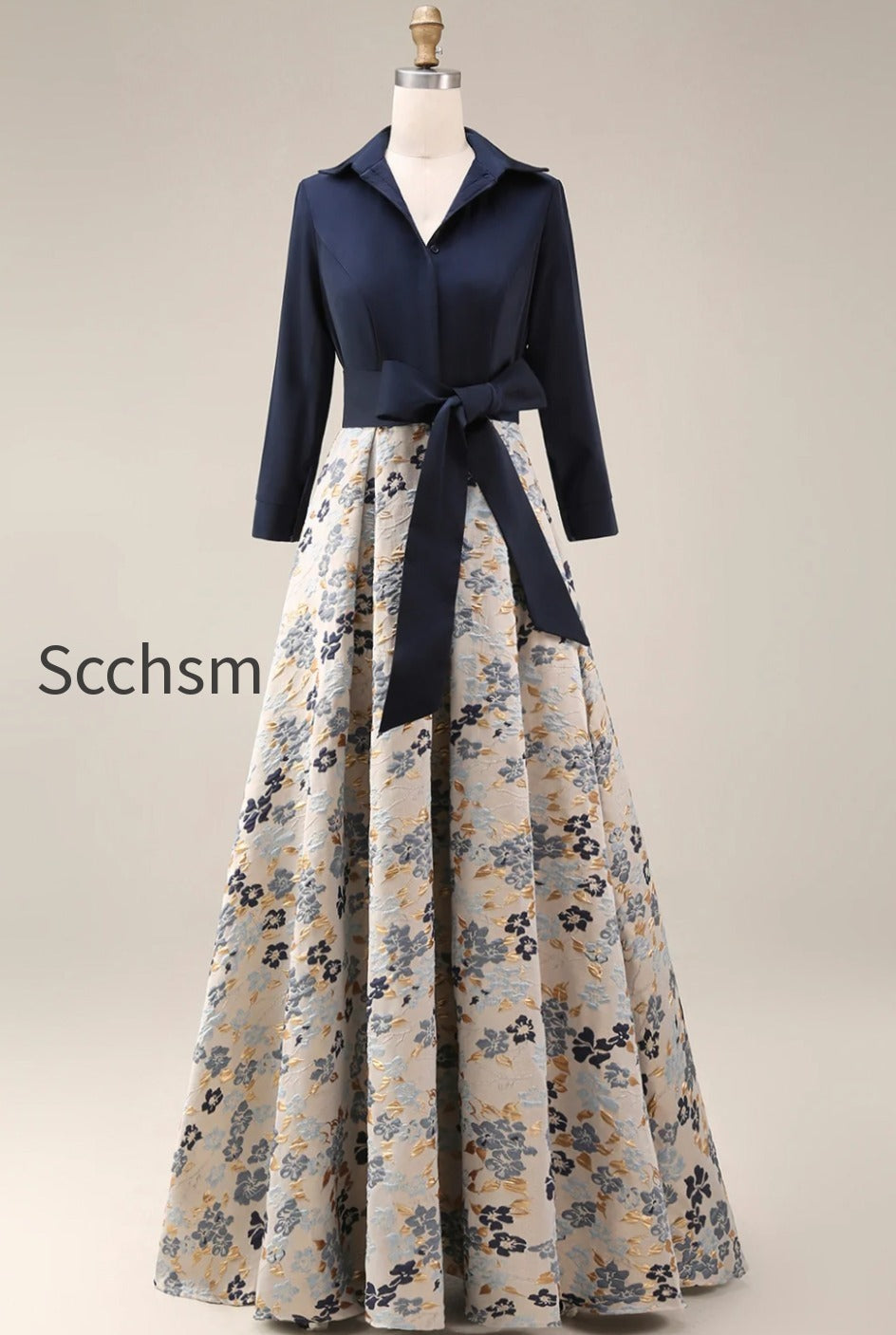 navy-floral-jacquard-a-line-3-4-sleeves-long-mother-of-the-bride-dress-with-bow