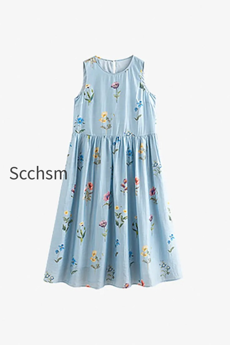 blue-floral-linen-sleeveless-fit-flare-midi-dress