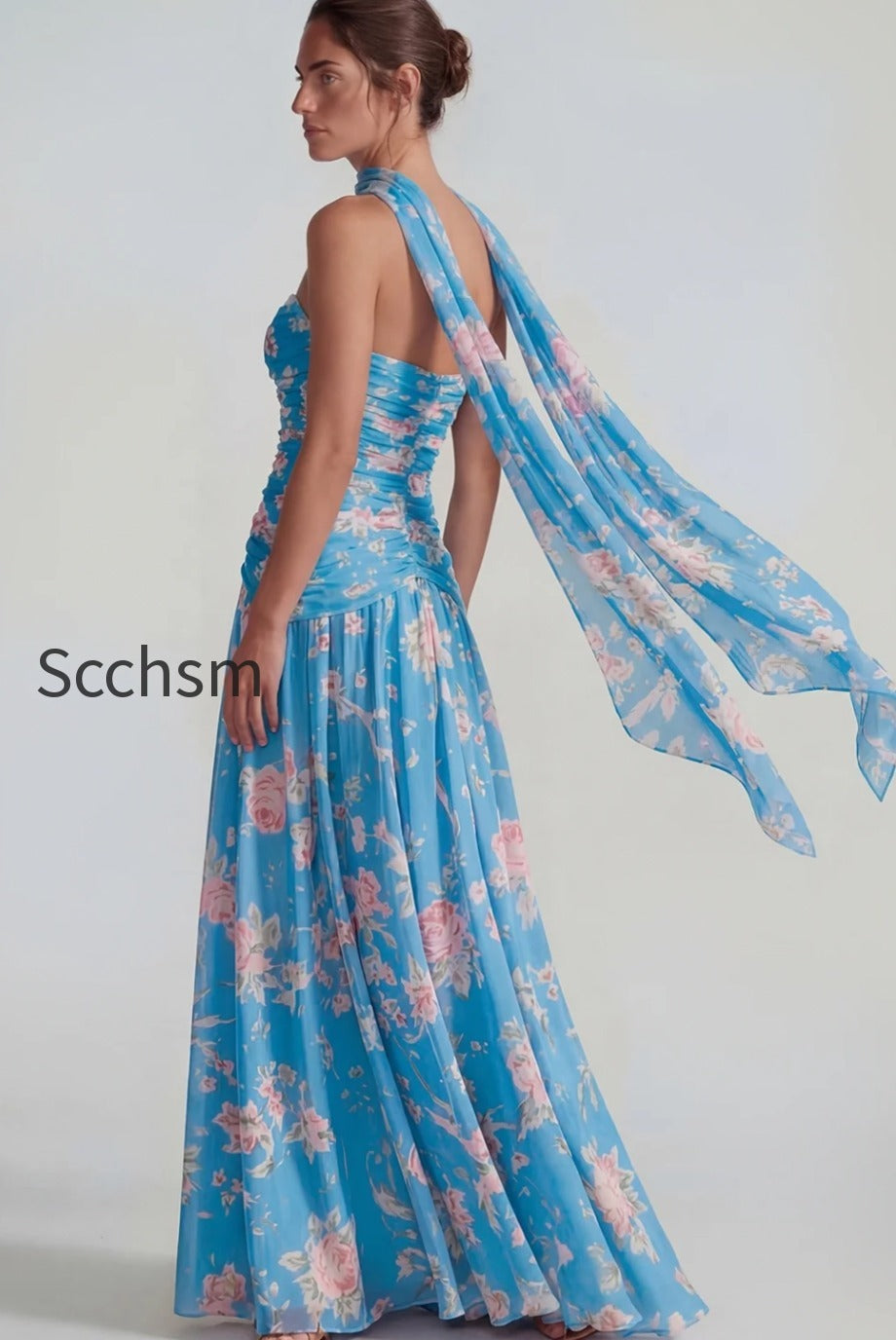 flower-blue-pink-neck-scarf-a-line-long-wedding-guest-dress