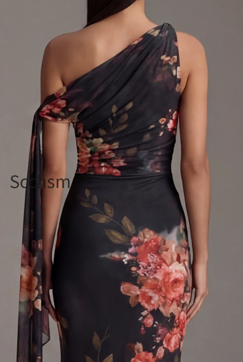 floral-ruched-maxi-black-mermaid-beach-wedding-guest-dress