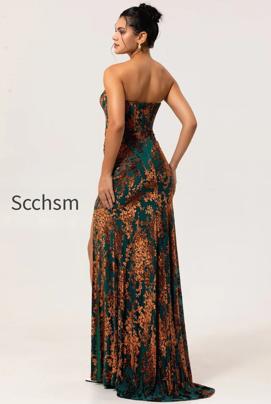 peacock-green-strapless-corset-long-velvet-bridesmaid-dress-with-slit