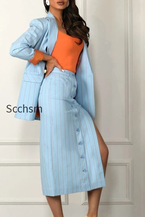striped-lapel-long-sleeve-blazer-split-bodycon-two-piece-set