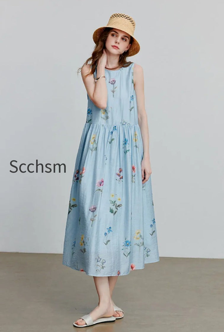 blue-floral-linen-sleeveless-fit-flare-midi-dress