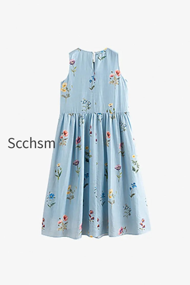 blue-floral-linen-sleeveless-fit-flare-midi-dress