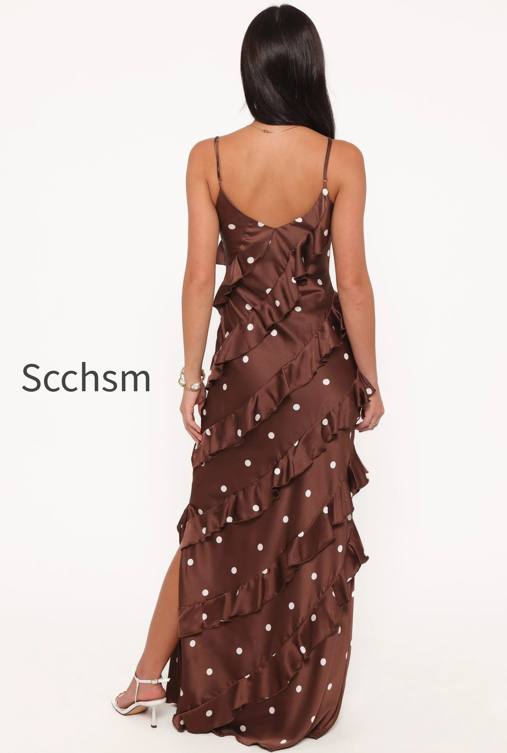 ciao-ruffles-maxi-satin-dress-brown-polka-dot