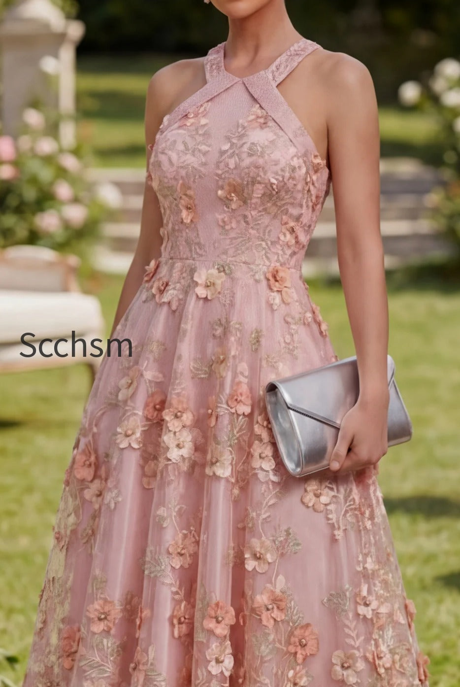 halter-pink-orange-floral-a-line-maxi-wedding-guest-dress-with-pearls