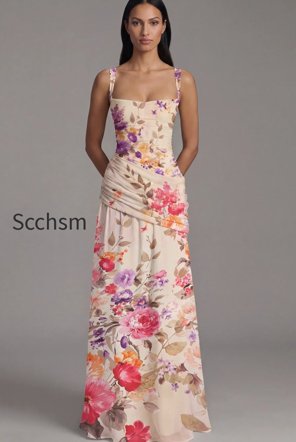 square-neck-a-line-draped-floral-maxi-ivory-beach-wedding-guest-dress
