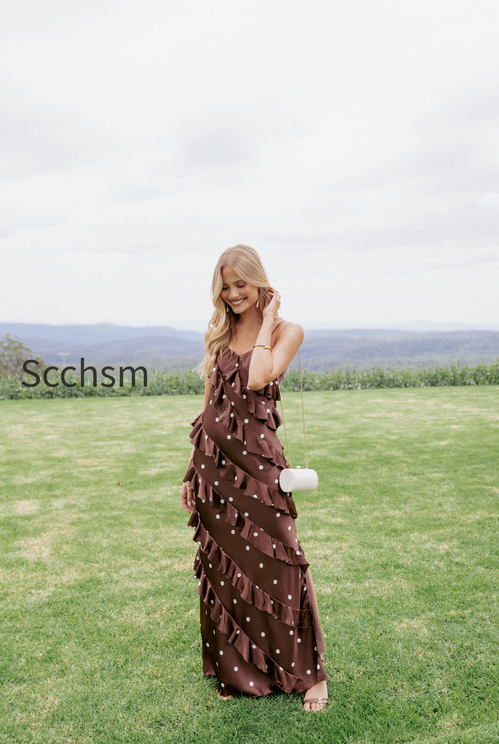 ciao-ruffles-maxi-satin-dress-brown-polka-dot