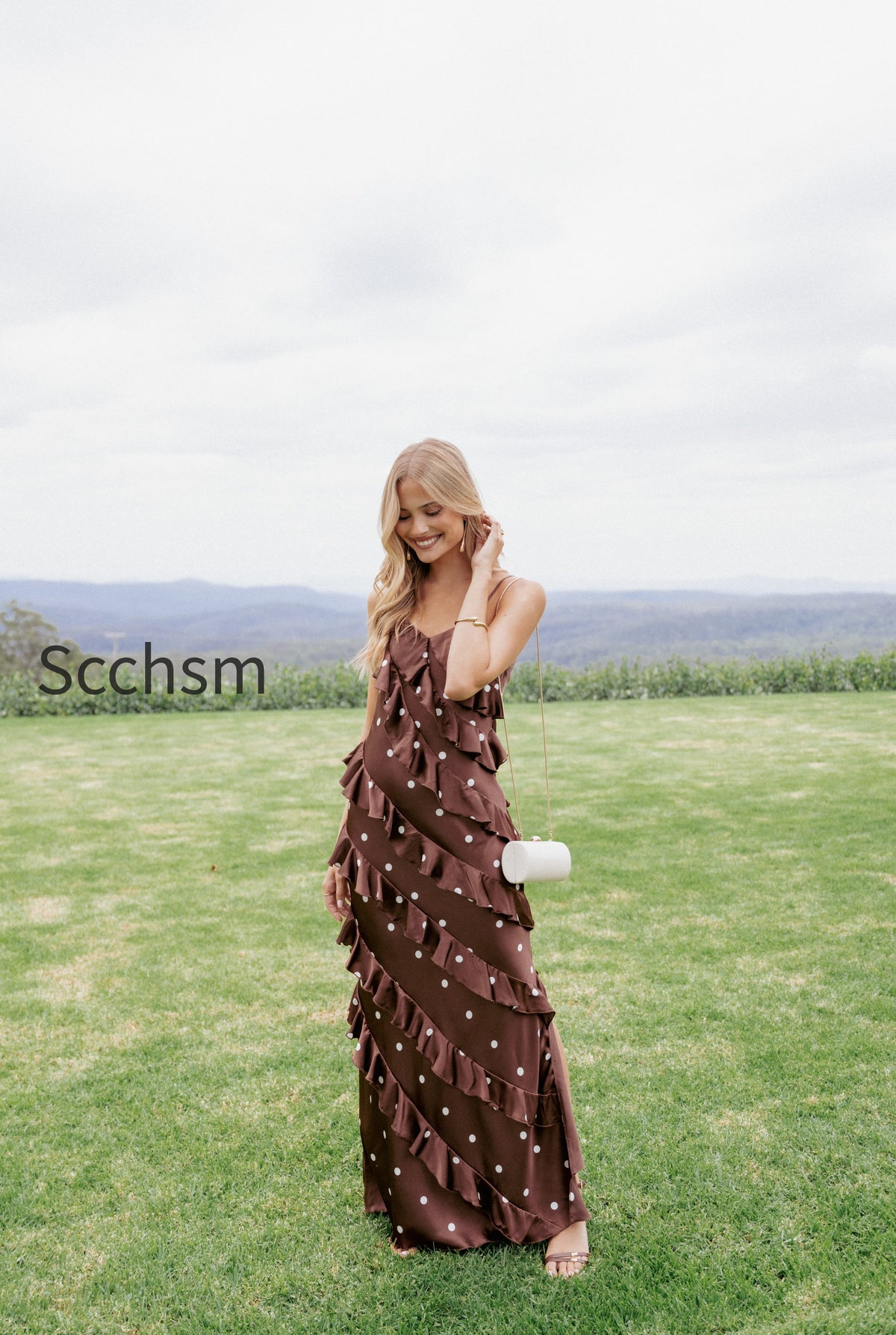 ciao-ruffles-maxi-satin-dress-brown-polka-dot