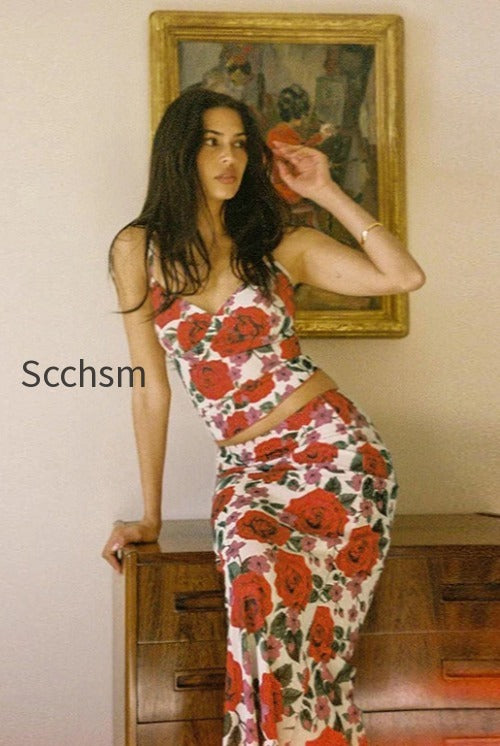v-neck-camisole-high-waist-floral-maxi-dress-two-piece-set