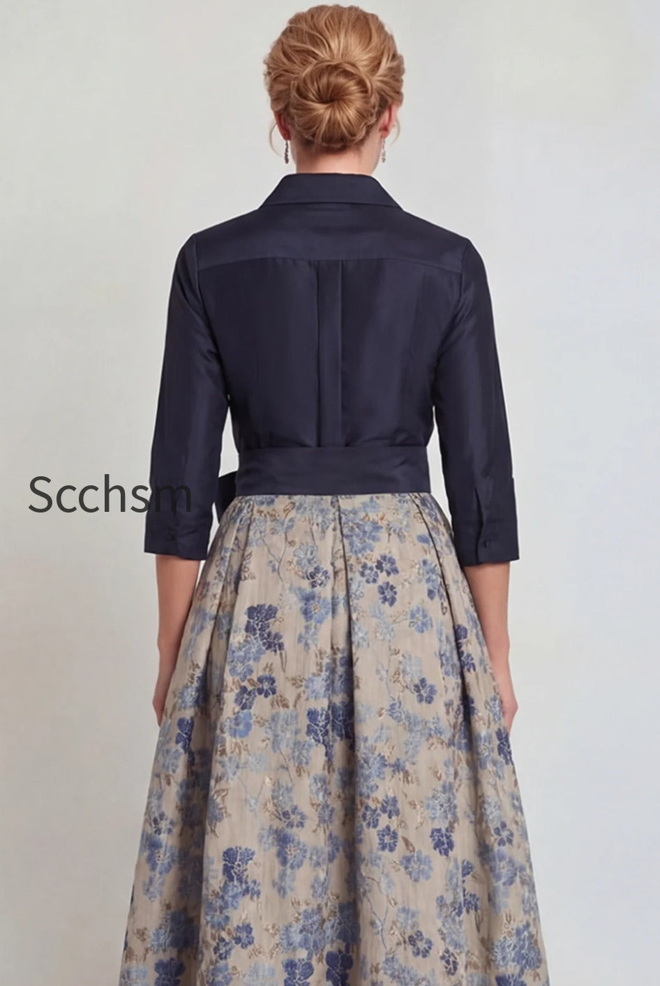 navy-floral-jacquard-a-line-3-4-sleeves-long-mother-of-the-bride-dress-with-bow