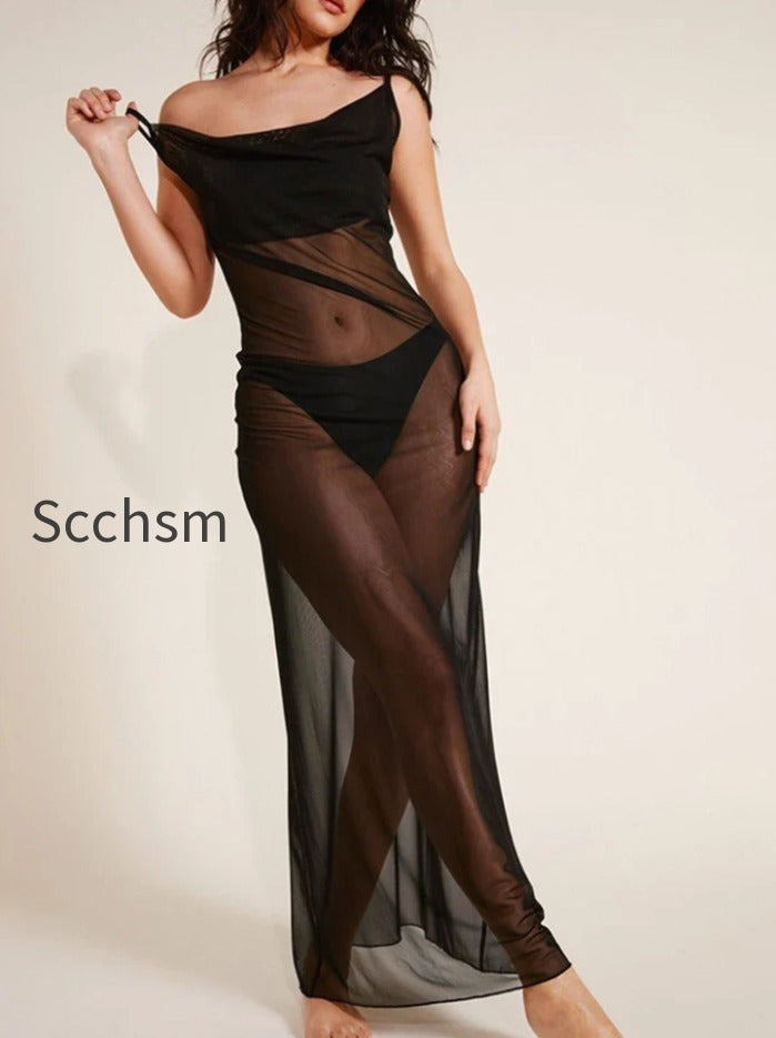 sheer-mesh-swing-neck-midi-dress
