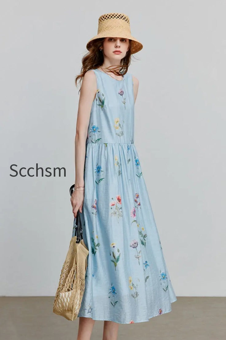 blue-floral-linen-sleeveless-fit-flare-midi-dress