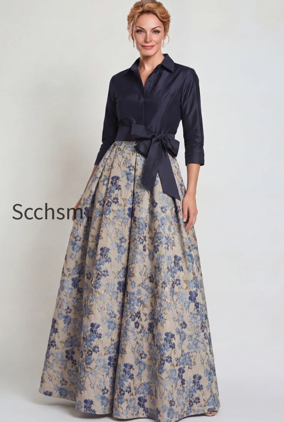 navy-floral-jacquard-a-line-3-4-sleeves-long-mother-of-the-bride-dress-with-bow