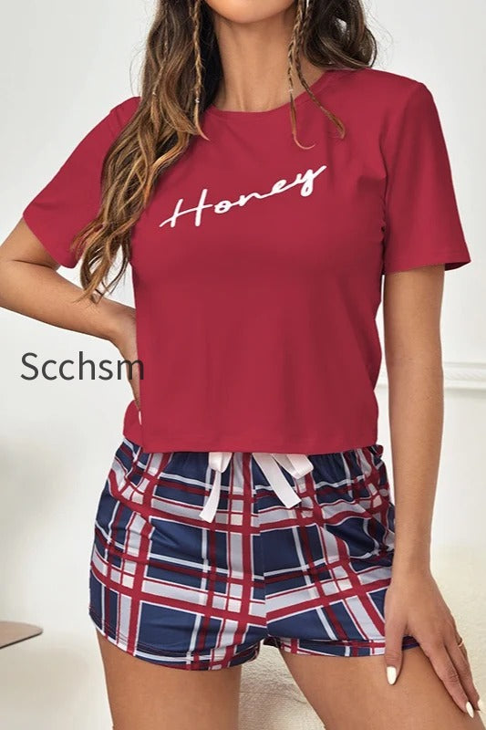 letter-print-plaid-shorts-tee-pajama-set
