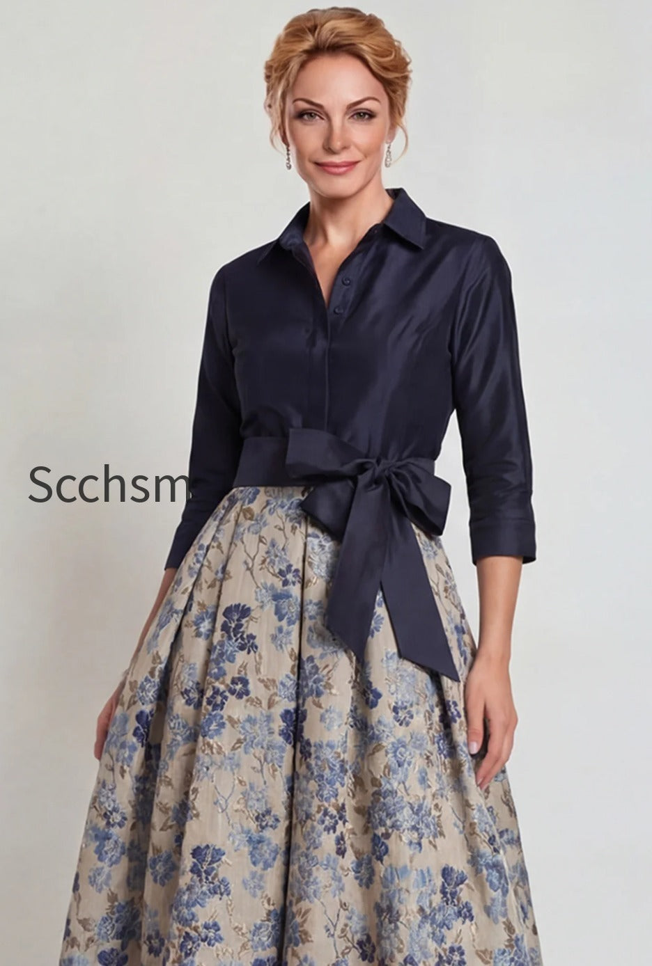 navy-floral-jacquard-a-line-3-4-sleeves-long-mother-of-the-bride-dress-with-bow