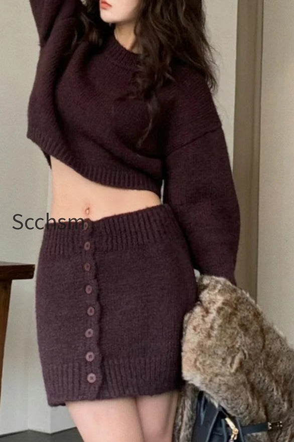 short-fitted-knit-round-neck-slim-two-piece-set