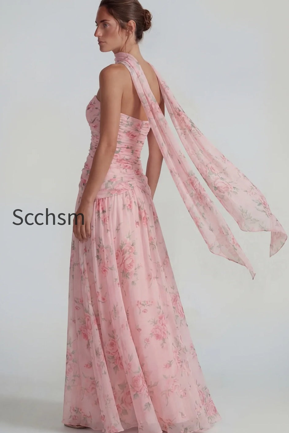 flower-blue-pink-neck-scarf-a-line-long-wedding-guest-dress