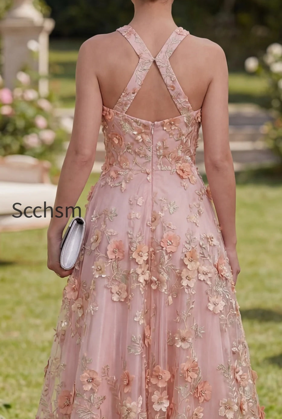halter-pink-orange-floral-a-line-maxi-wedding-guest-dress-with-pearls