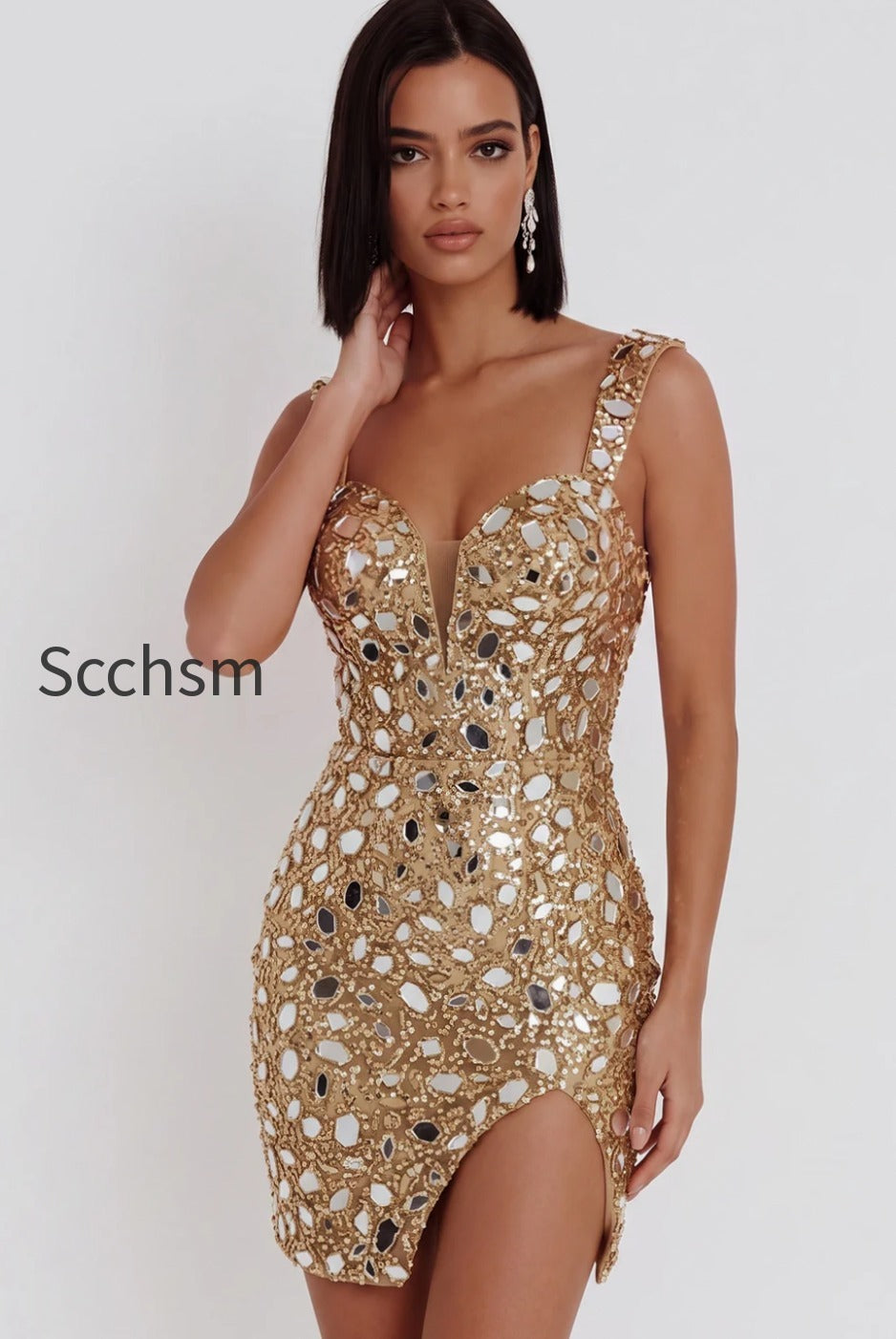 sparkly-gold-tight-sequin-mirror-short-homecoming-dress-with-slit