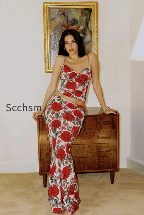 v-neck-camisole-high-waist-floral-maxi-dress-two-piece-set