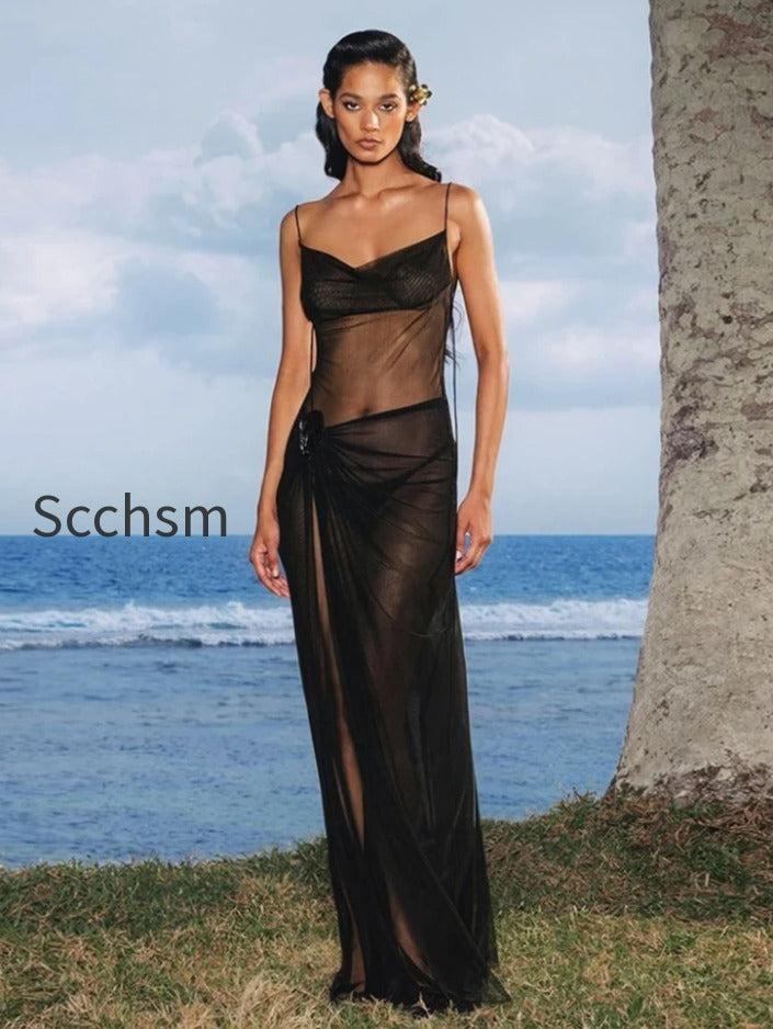 sheer-mesh-swing-neck-midi-dress