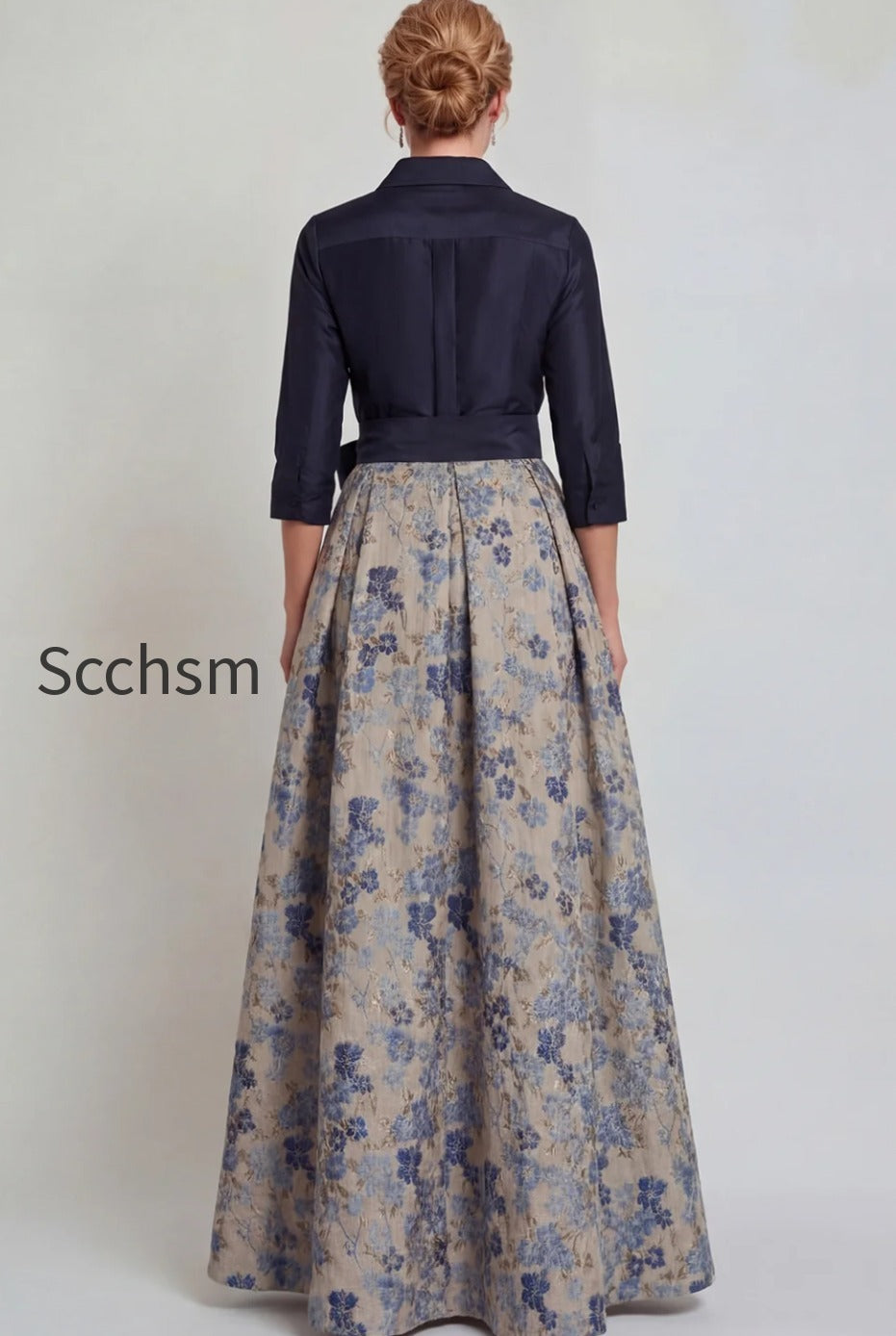 navy-floral-jacquard-a-line-3-4-sleeves-long-mother-of-the-bride-dress-with-bow