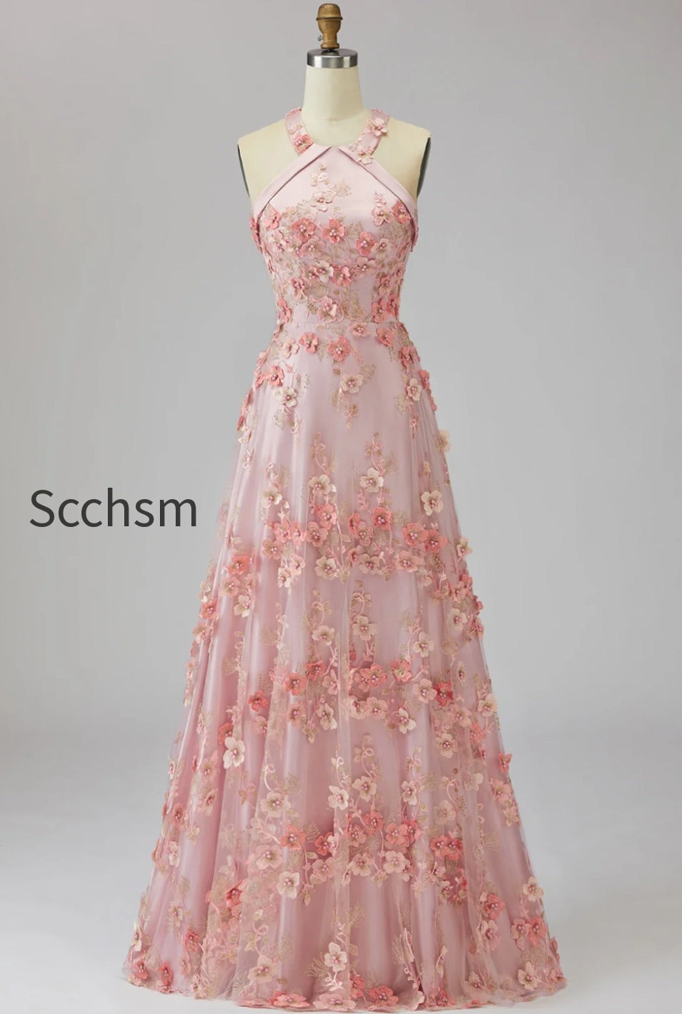 halter-pink-orange-floral-a-line-maxi-wedding-guest-dress-with-pearls
