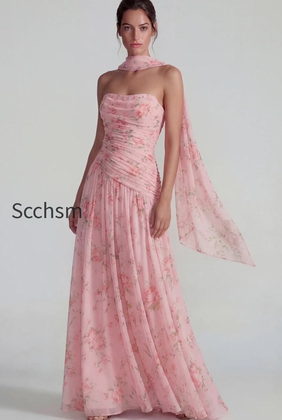 flower-blue-pink-neck-scarf-a-line-long-wedding-guest-dress