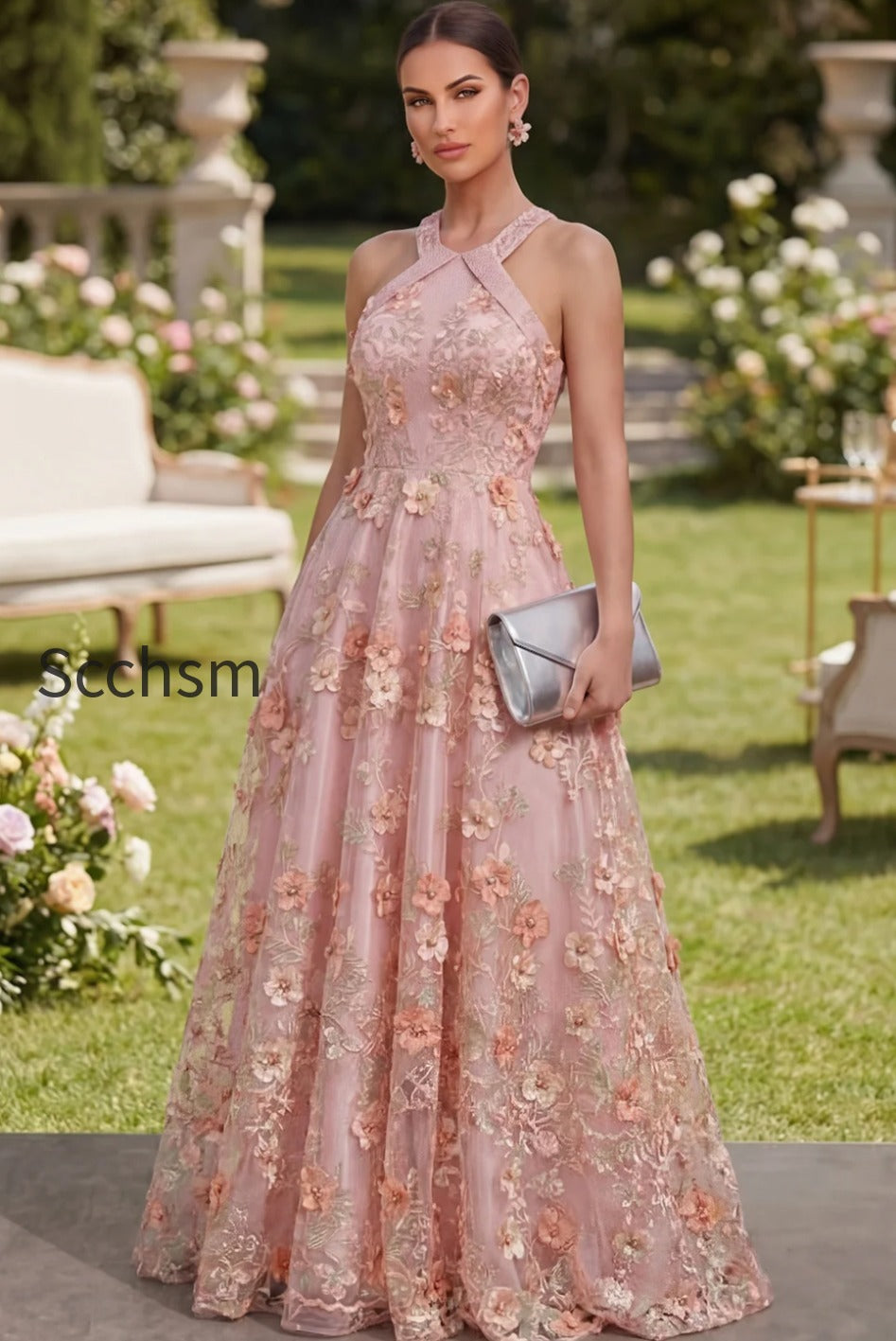 halter-pink-orange-floral-a-line-maxi-wedding-guest-dress-with-pearls