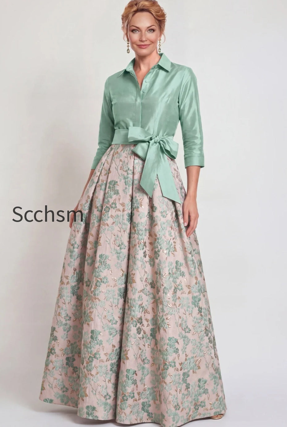 navy-floral-jacquard-a-line-3-4-sleeves-long-mother-of-the-bride-dress-with-bow