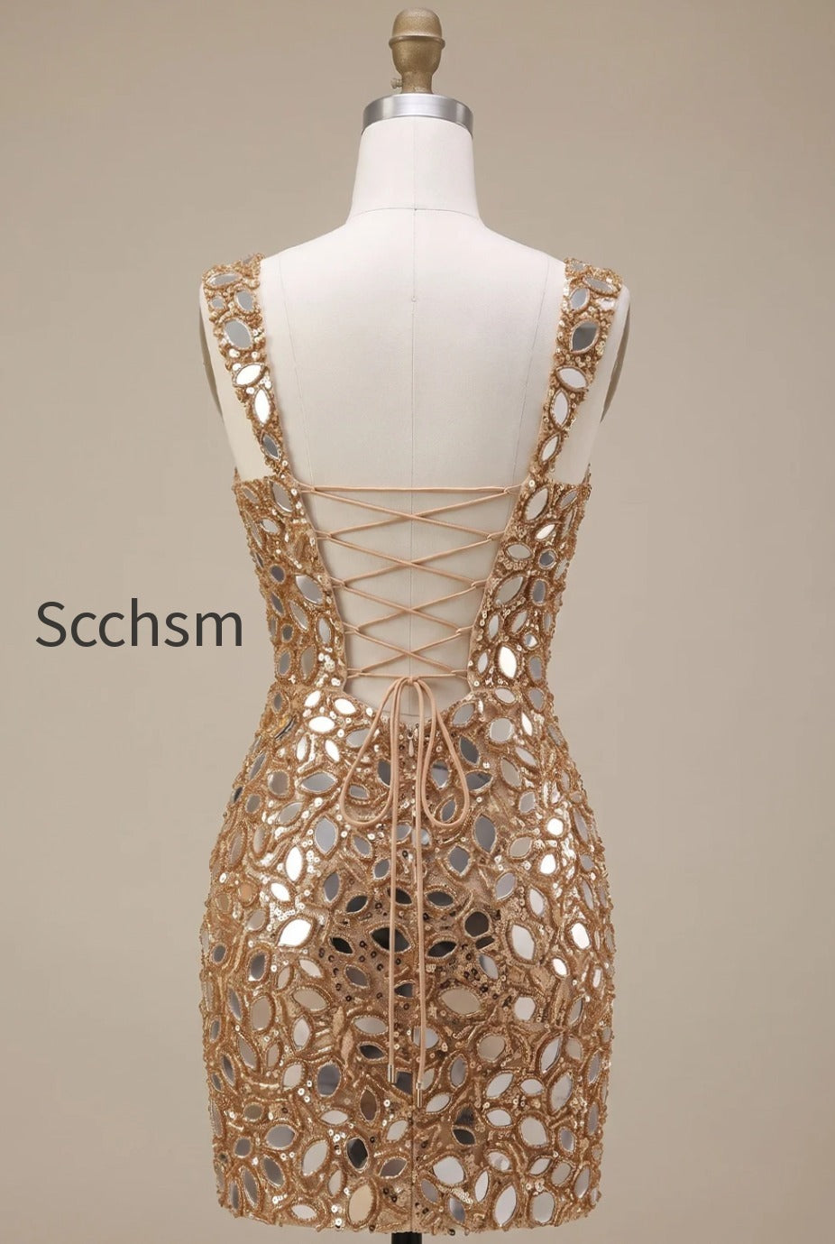 sparkly-gold-tight-sequin-mirror-short-homecoming-dress-with-slit