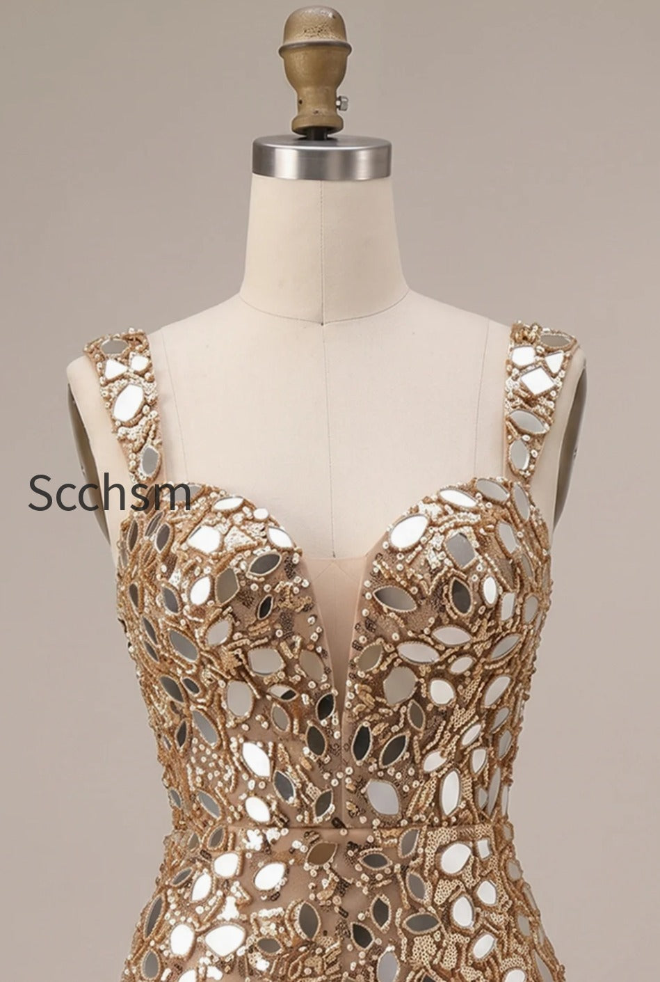 sparkly-gold-tight-sequin-mirror-short-homecoming-dress-with-slit