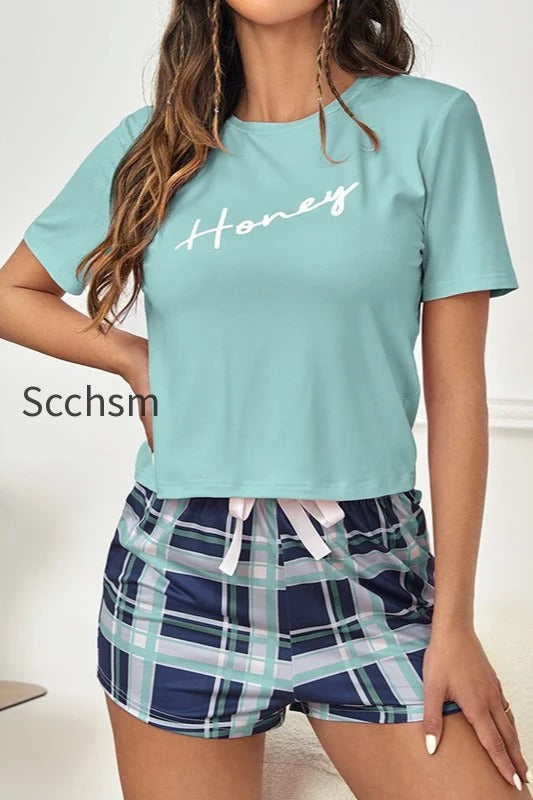 letter-print-plaid-shorts-tee-pajama-set