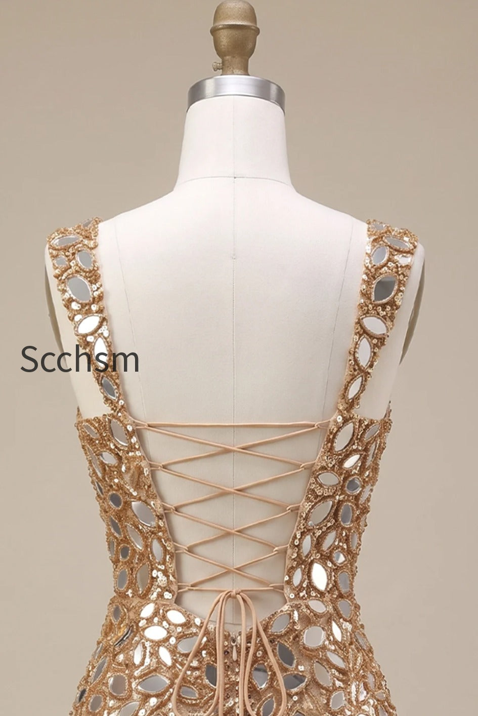sparkly-gold-tight-sequin-mirror-short-homecoming-dress-with-slit
