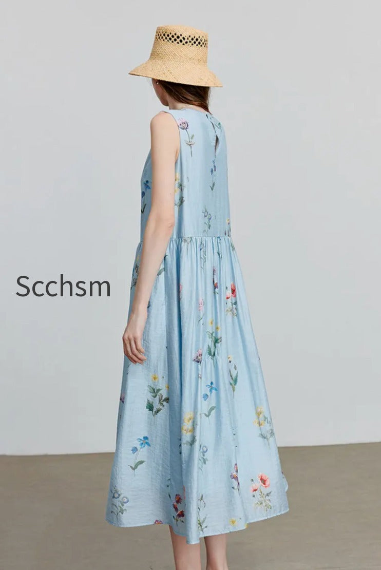 blue-floral-linen-sleeveless-fit-flare-midi-dress