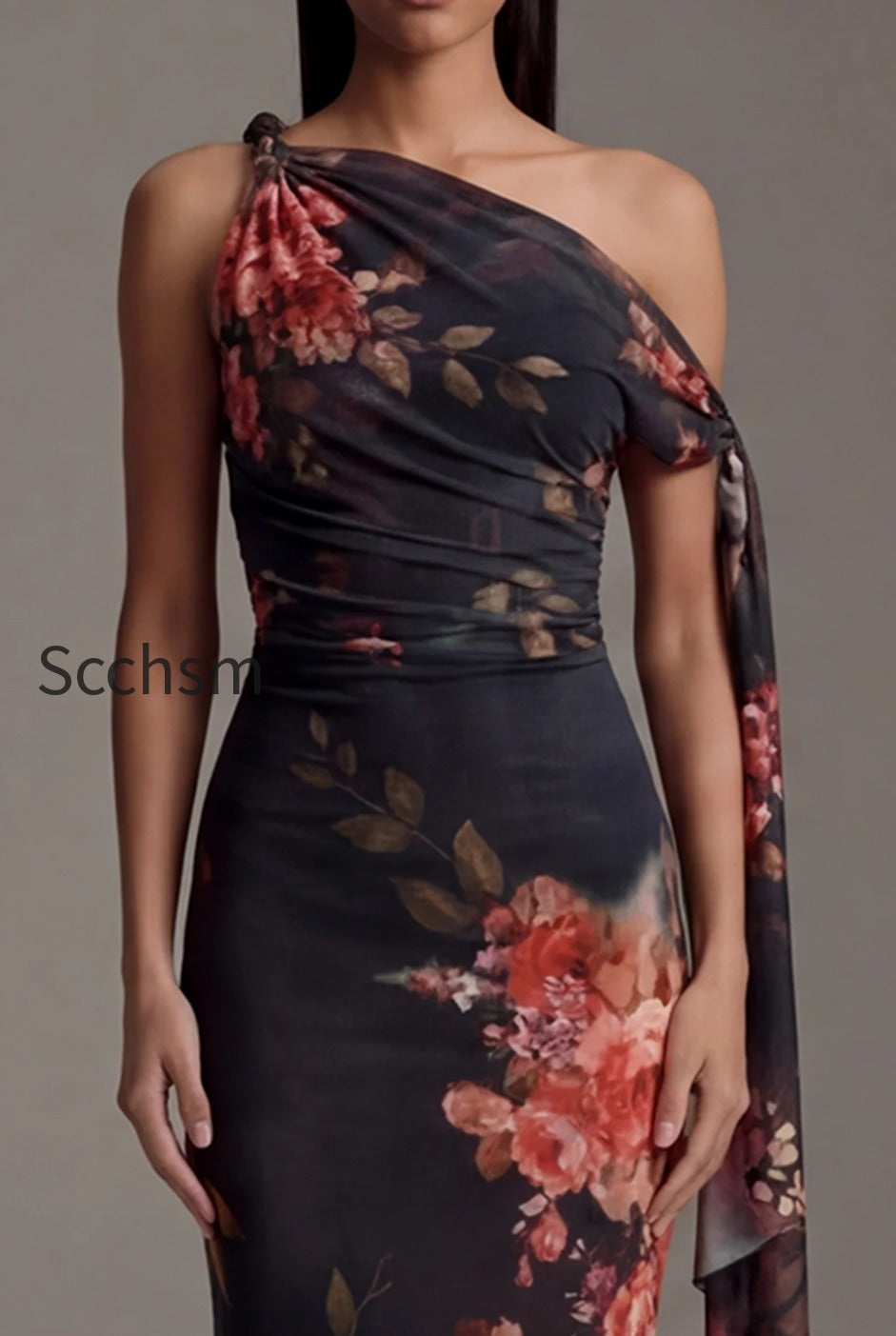 floral-ruched-maxi-black-mermaid-beach-wedding-guest-dress