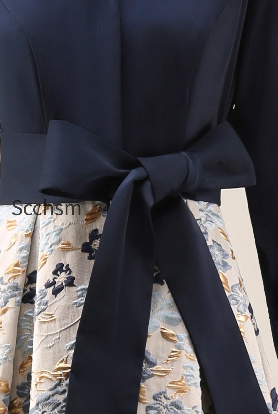 navy-floral-jacquard-a-line-3-4-sleeves-long-mother-of-the-bride-dress-with-bow