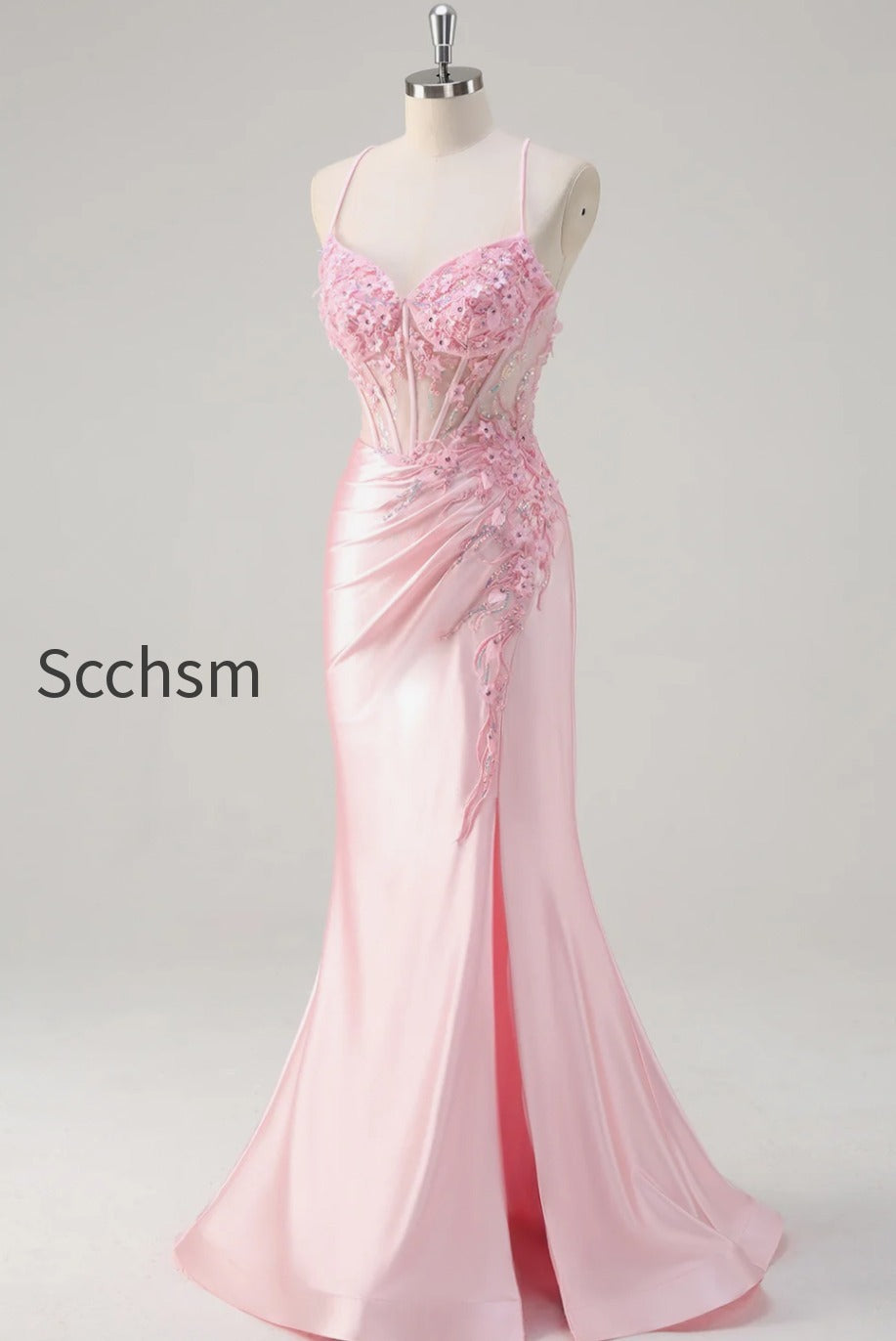 pink-floral-mermaid-spaghetti-straps-long-prom-dress-with-slit